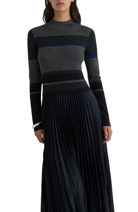 Carla Striped Mixed Media Pleated Midi Dress