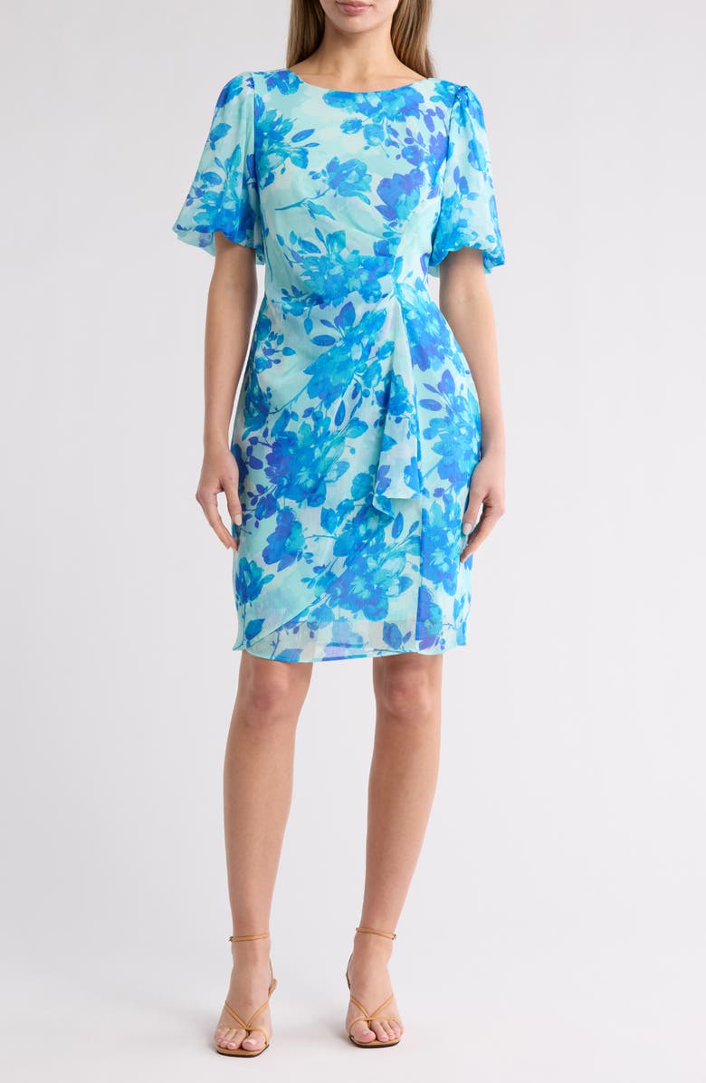 Connected Apparel Bubble Sleeve Faux Wrap Dress, Main, color, Turquoise