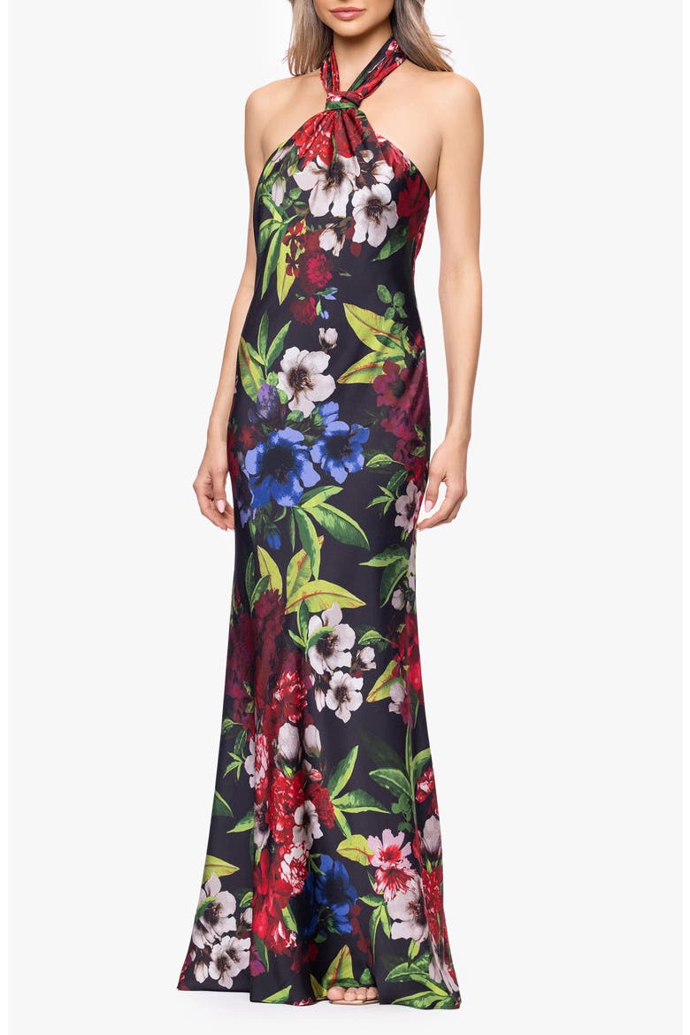 Floral Print Satin Halter Dress, Alternate, color, BLACK/ MULTI
