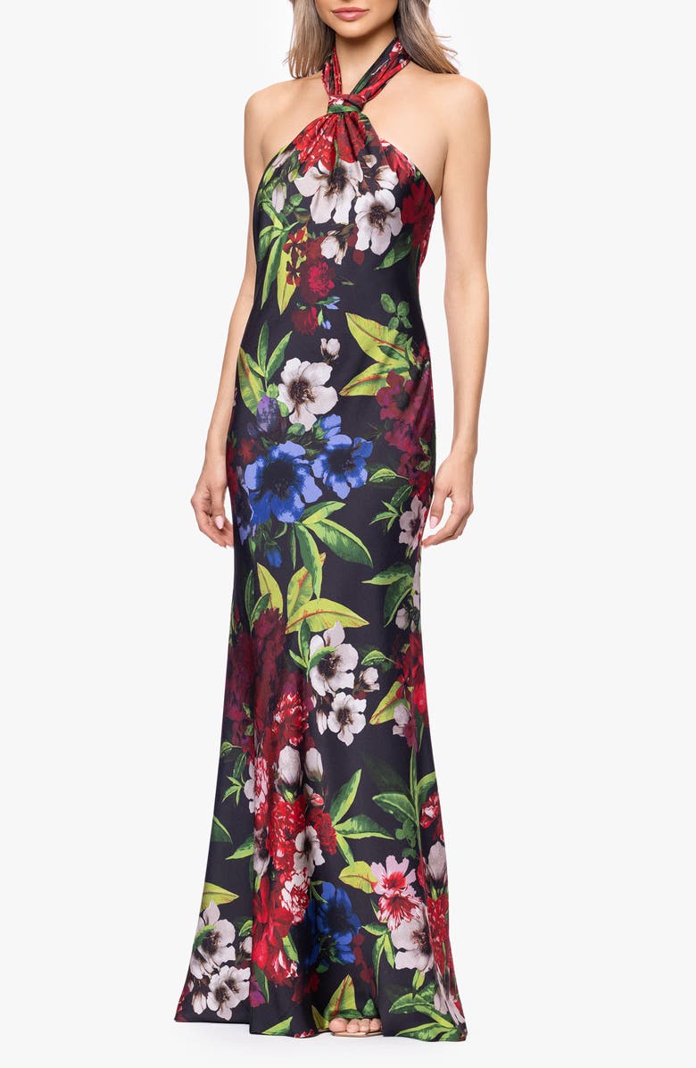 Betsy & Adam Floral Print Satin Halter Dress, Alternate, color, Black/ Multi