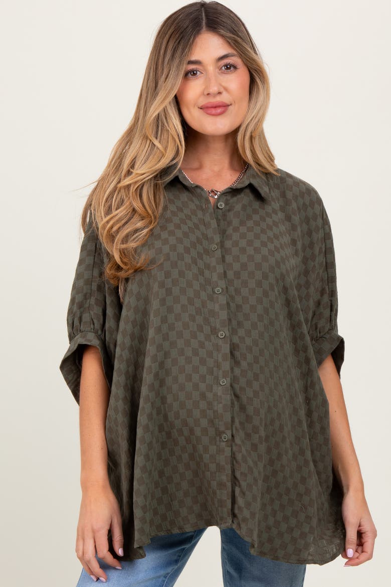 Checker Print Short Sleeve Oversized Blouse, Main, color, Olive Green