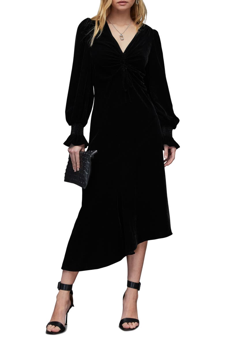 AllSaints Naomi Long Sleeve Asymmetric Velvet Dress, Main, color, 