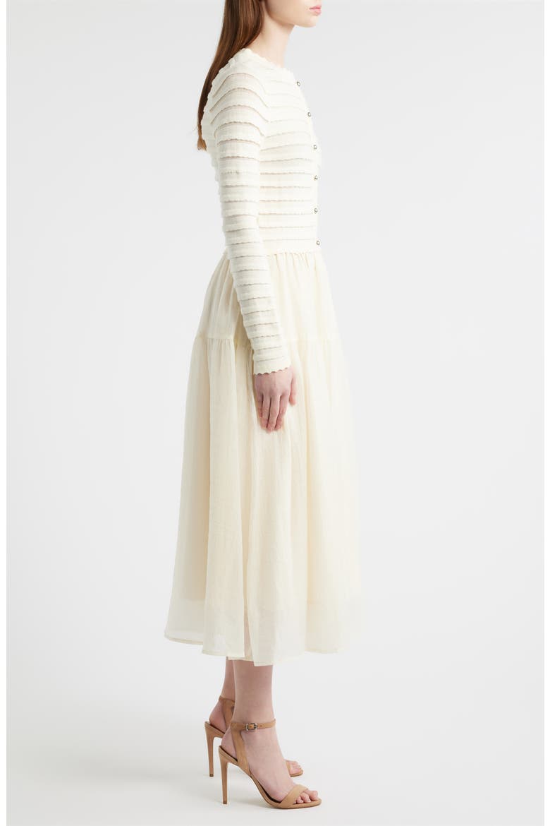 Mixed Media Long Sleeve Scallop Stitch Tiered Midi Dress, Alternate, color, IVORY