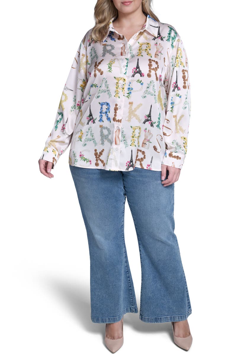 KARL LAGERFELD PARIS Logo Print Satin Button-Up Shirt, Alternate, color, Bisque/ Panna Cotta Multi