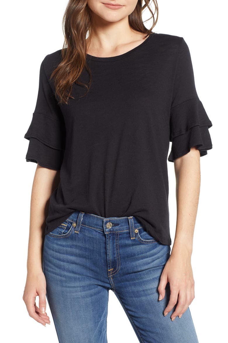 Uma Ruffle Sleeve Tee, Main, color, BLACK