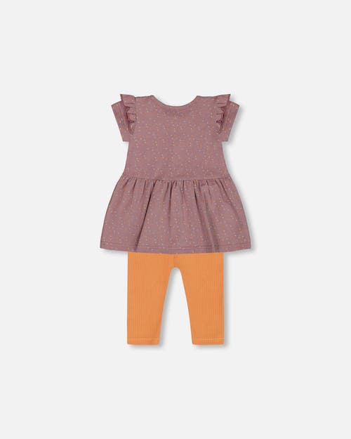 Deux Par Deux Baby Girl's Printed Organic Cotton Dress And Solid Leggings Set Orange And Purple In Purple With Pear Seeds