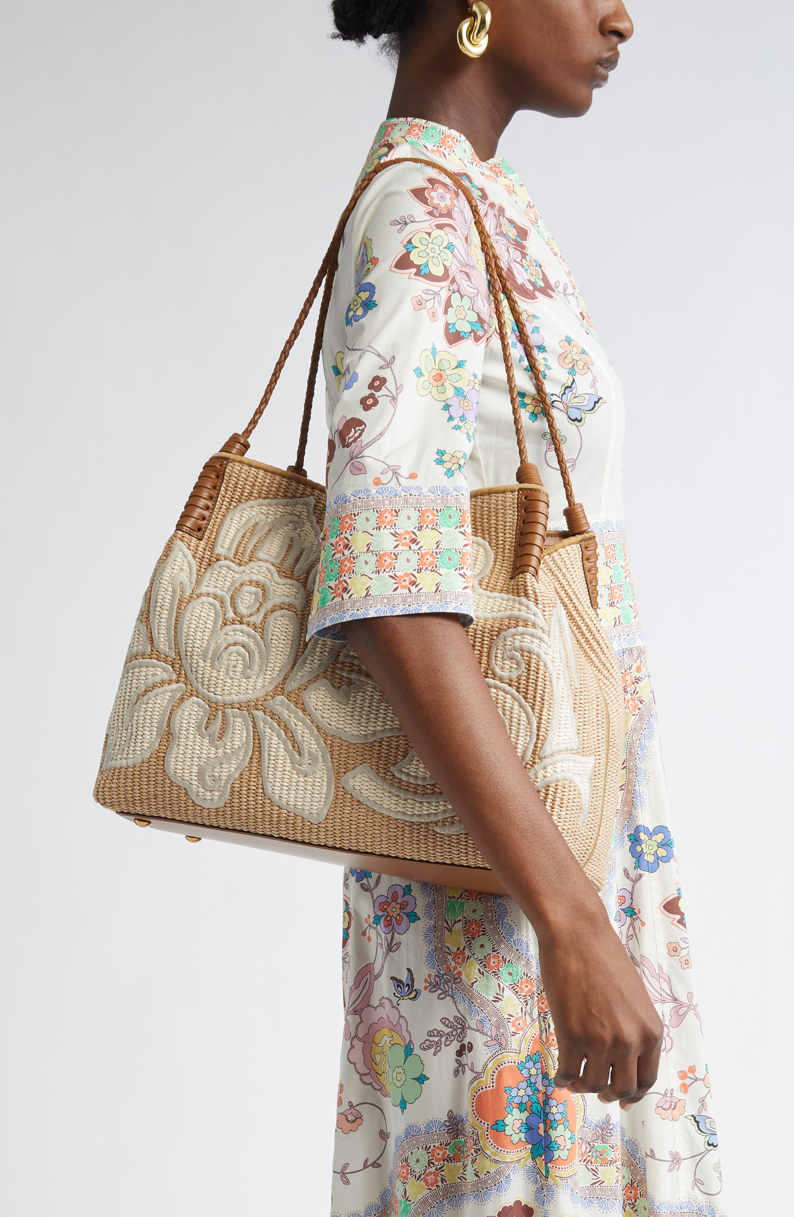 Etro Medium Libra Embroidered Raffia Tote, Alternate, color, 