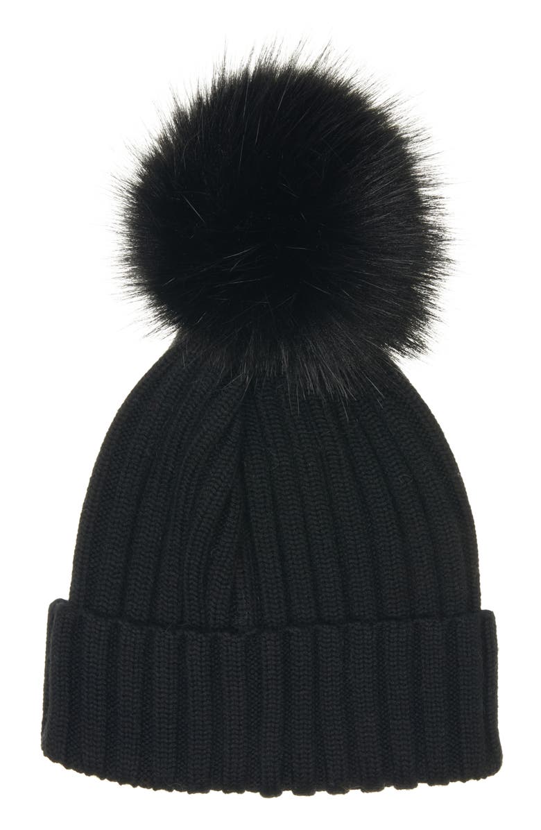 Moncler Virgin Wool Rib Beanie with Faux Fur Pompom, Alternate, color, Black