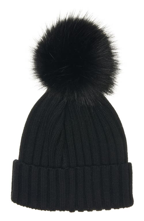 Moncler Ribbed Knit Wool Beanie With Faux Fur Pom-pom In Black
