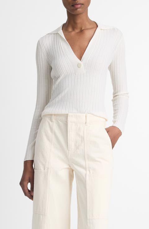 Wool & Silk Blend Rib Polo Sweater
