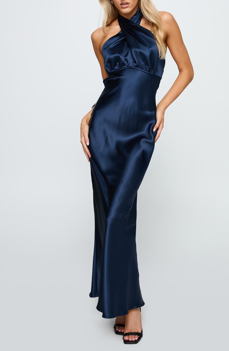 Princess Polly Rosaminta Halter Neck Satin Gown, Main, color, Dark Blue