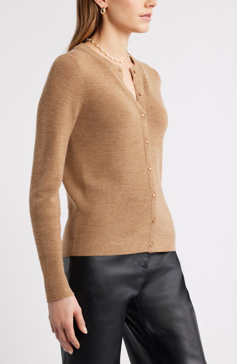 Caslon<sup>®</sup> Crewneck Merino Wool Blend Cardigan, Alternate, color, Tan Camel Dark Heather