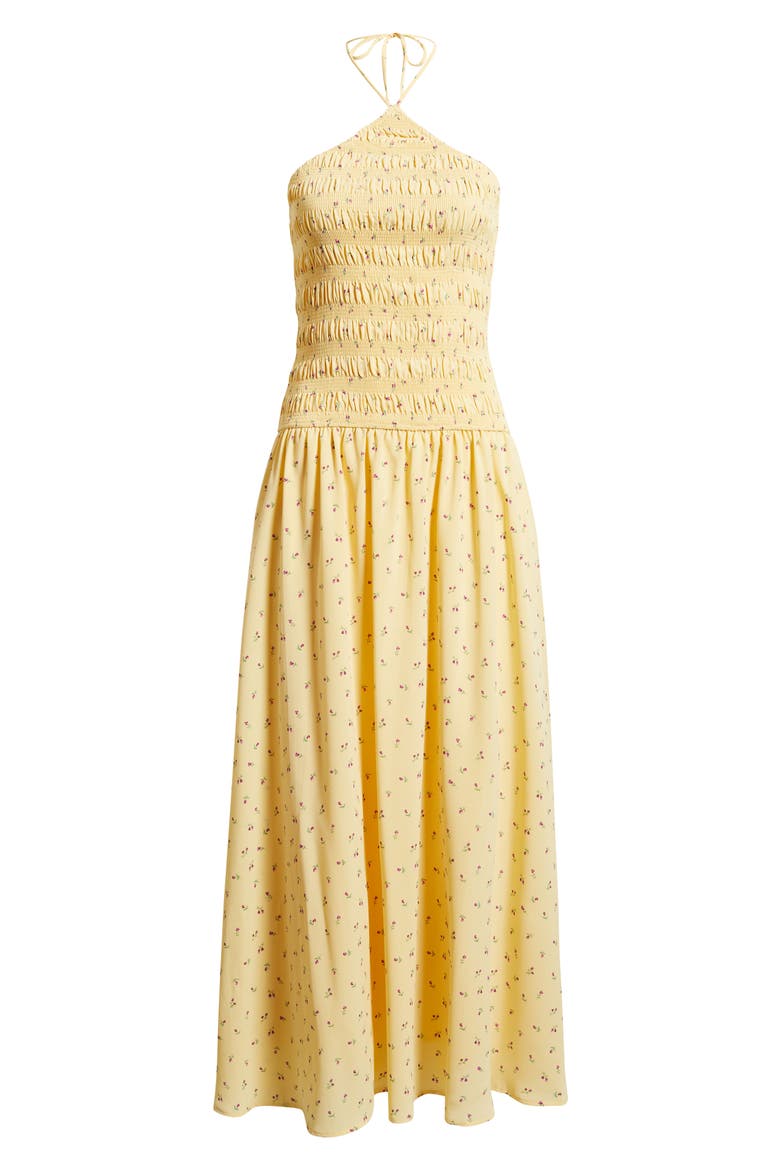 Aradia Ditsy Floral Shirred Halter Midi Dress, Alternate, color, YELLOW FLORAL