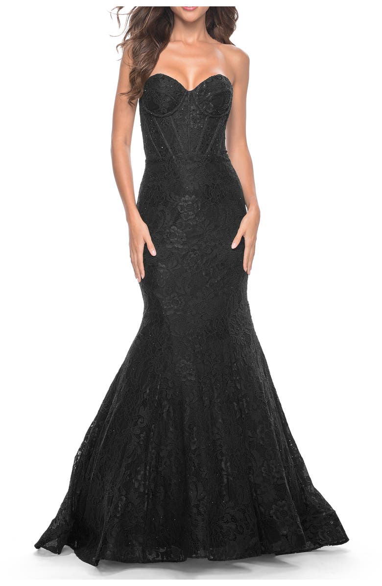 La Femme Mermaid Stretch Lace Dress with Bustier Top and Sheer Back, Main, color, Black