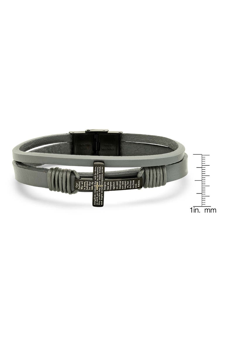 Men's Cross Charm Leather Bracelet, Alternate, color, BLACK