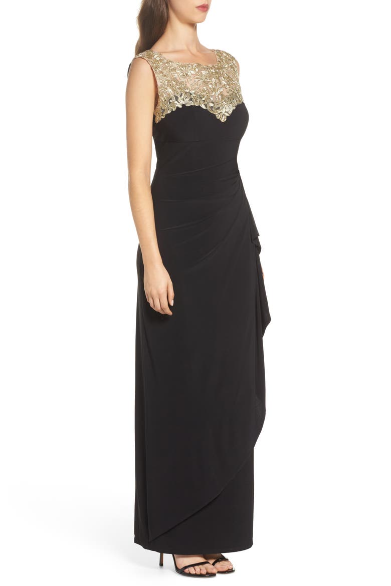 Embroidered Side Ruched Gown, Alternate, color, BLACK/ GOLD