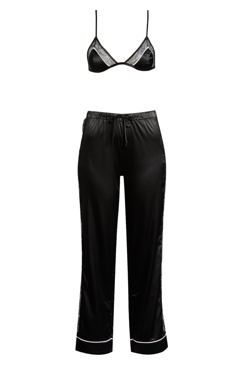 Lace Trim Satin Bralette & Pants, Alternate, color, BLACK