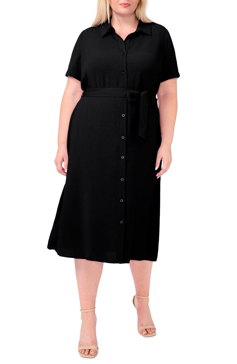 CeCe Belted Crinkle Midi Shirtdress, Main, color, Rich Black