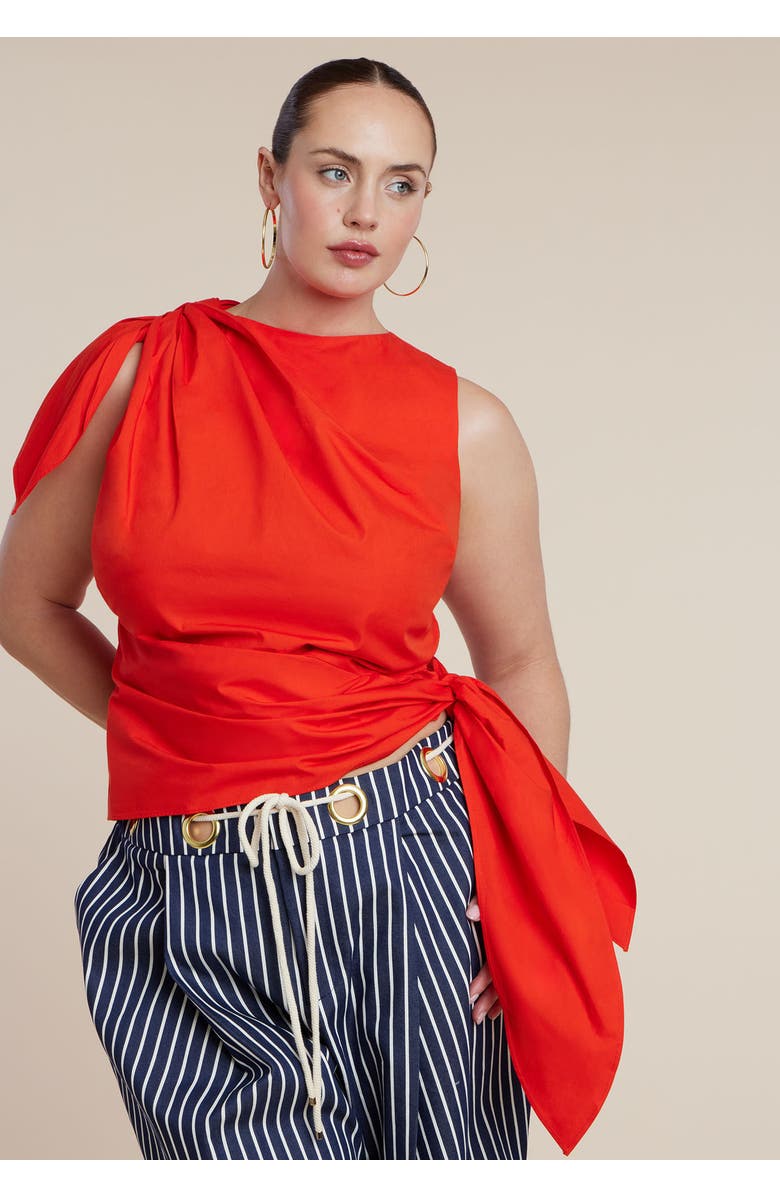 ELOQUII Twist-Tie Poplin Top, Alternate, color, Deep Poppy