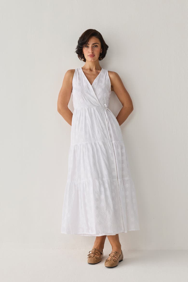 Embroidered Tiered Wrap Maxi Dress, Alternate, color, Embroidered Cotton White