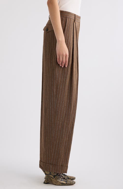 Dries Van Noten Pleated Striped Linen-blend Straight-leg Pants In Camel