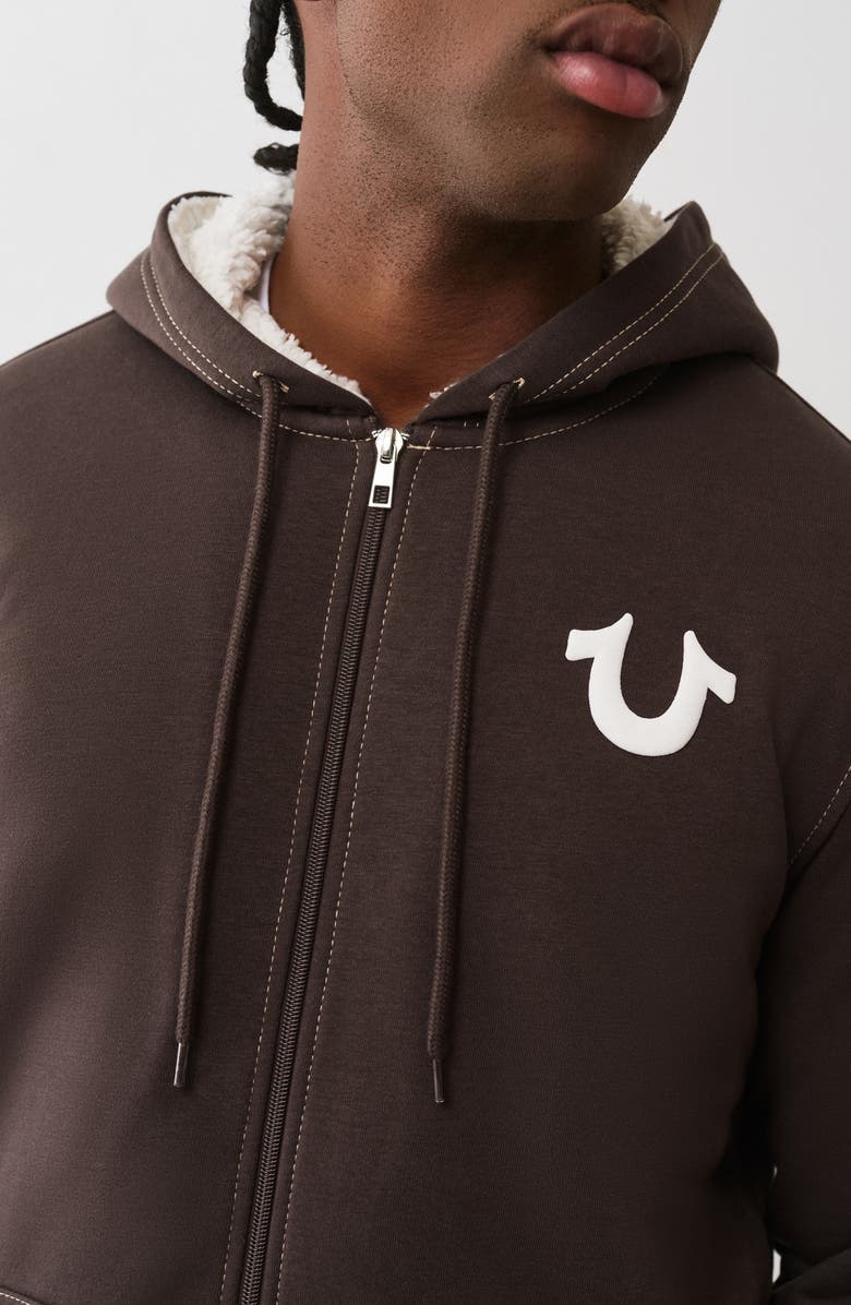 True Religion Logo Seal Faux Shearling Zip Hoodie, Alternate, color, Java