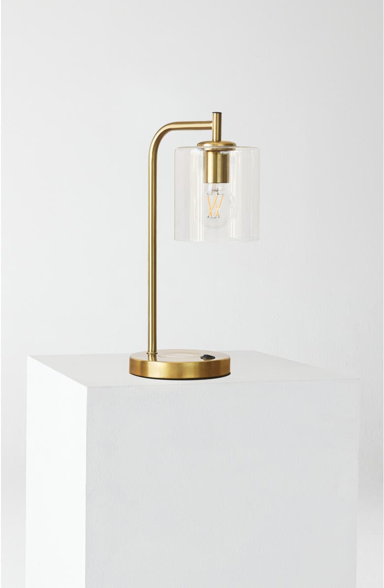 Brightech Elizabeth 5.5" Glass Shade LED Table Lamp with USB and Wireless Charging Pad, Bulb Included, Main, color, Polished Brass