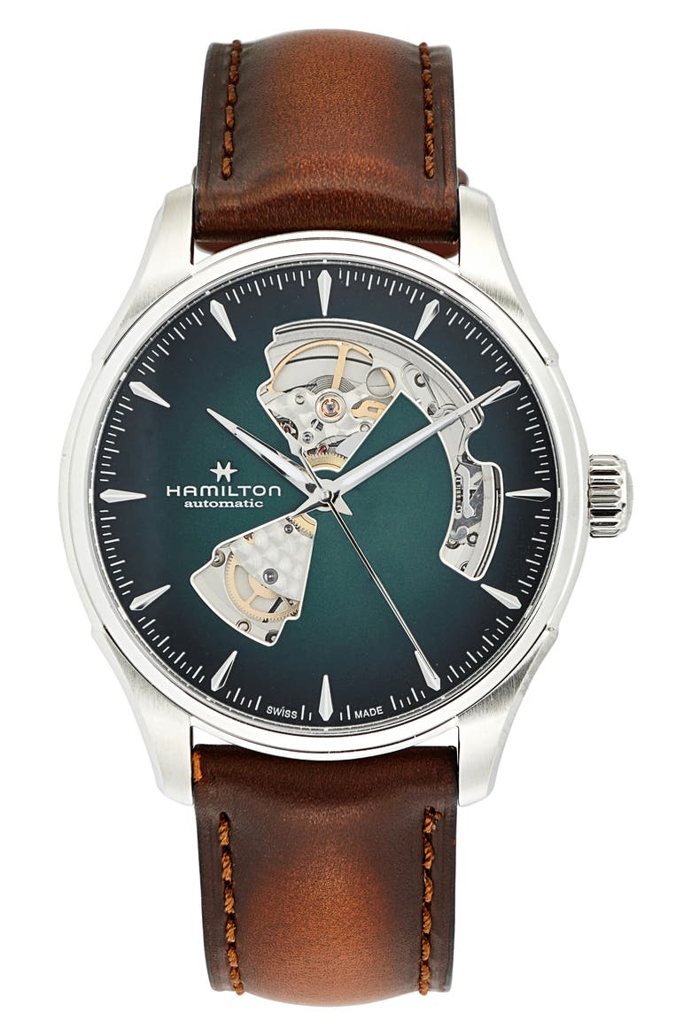 Jazzmaster Open Heart Automatic Leather Strap Watch, 40mm, Main, color, BROWN/ BLUE/ SILVER