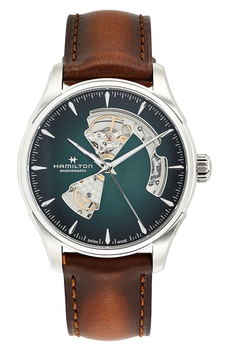 Hamilton Jazzmaster Open Heart Automatic Leather Strap Watch, 40mm, Main, color, Brown/ Blue/ Silver