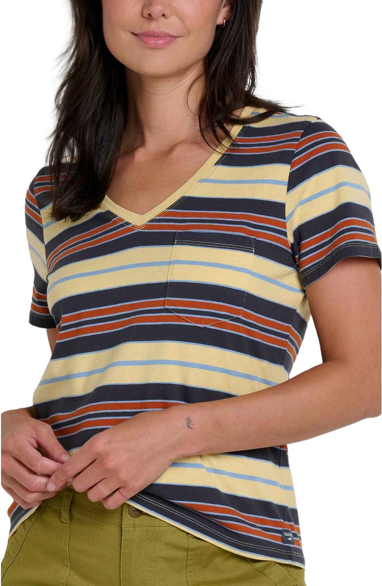 Toad & Co Women's Grom V-Neck Short Sleeve Shirt, Alternate, color, Straw Stripe