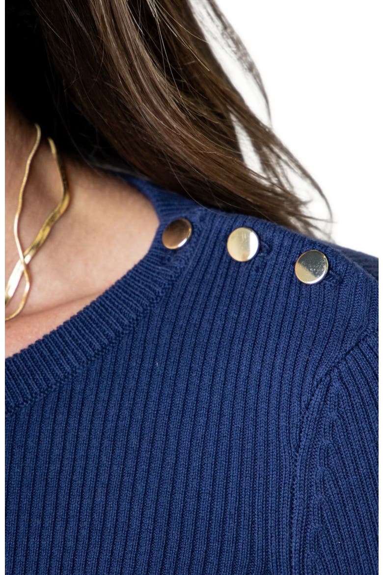 Women's Crew Neck Button Sweater, Alternate, color, Navy Breton Stripe