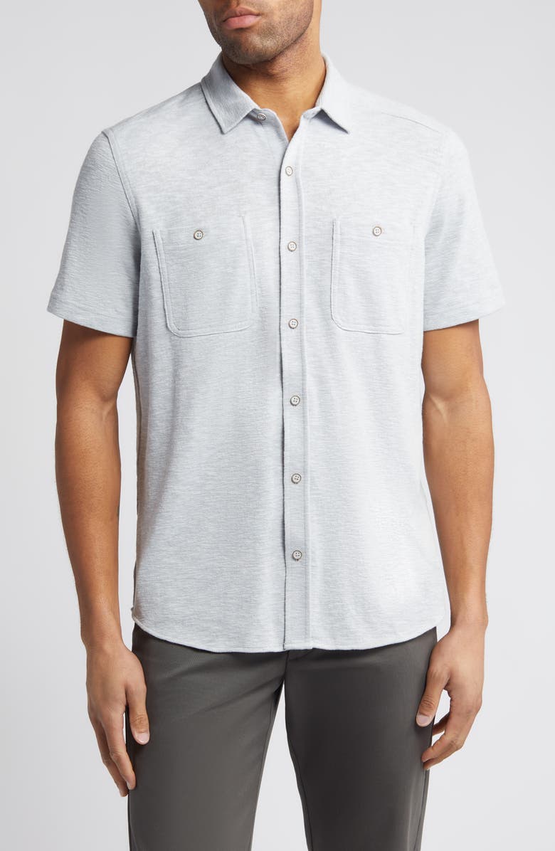 Johnston & Murphy Short Sleeve Slub Knit Button-Up Shirt, Main, color, Gray
