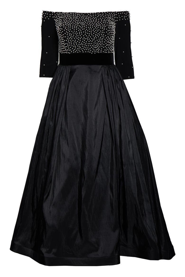 Imitation Pearl Beaded Off the Shoulder Ballgown, Alternate, color, BLACK