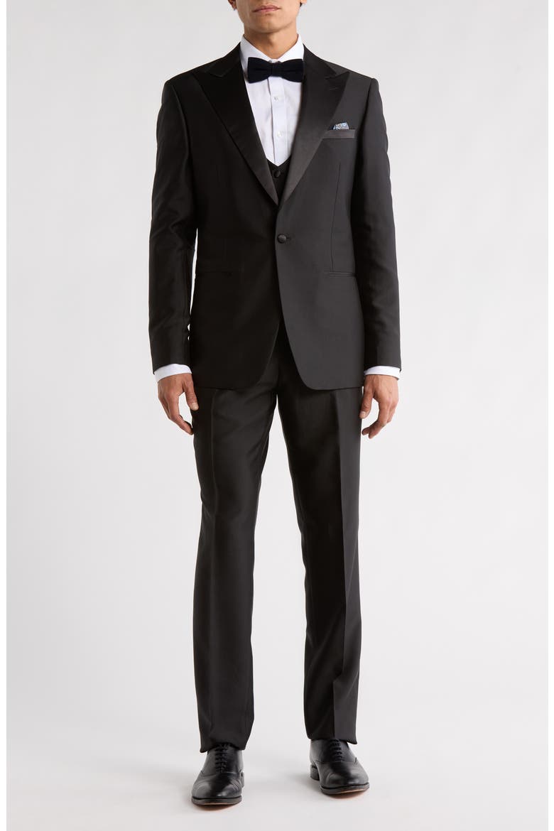 Stacy Adams Solid Peak Lapel 3-Piece Tuxedo, Main, color, BLACK
