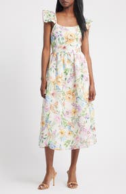 Lipsy Floral Print Flutter Sleeve Midi Dress