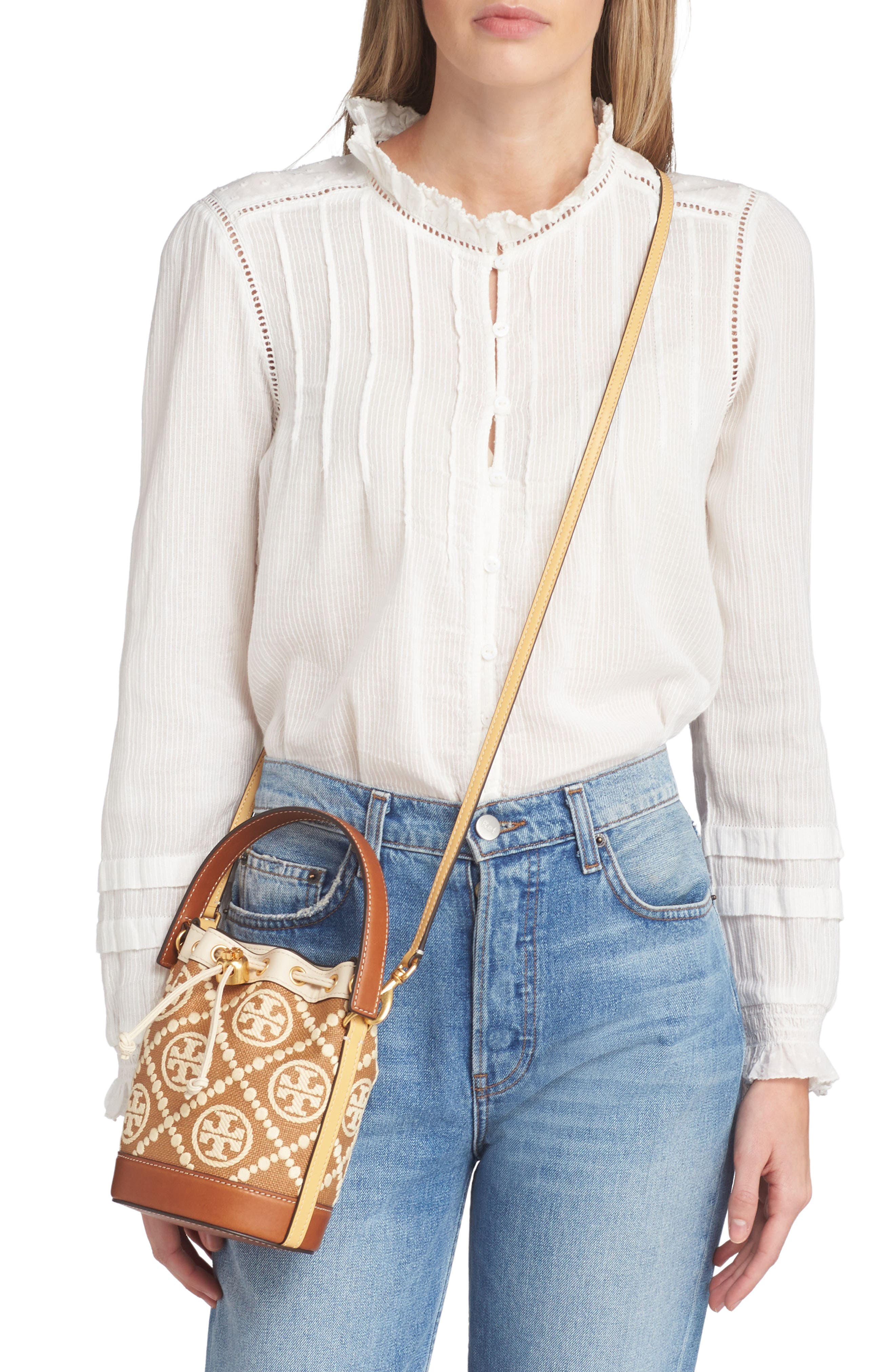 Tory Burch Mini T Monogram Embroidered Raffia Bucket Bag, Alternate, color, 