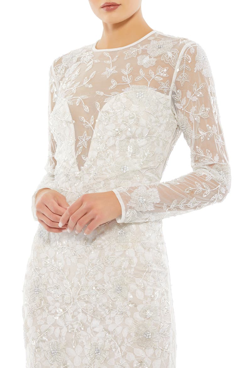 Beaded Lace Overlay Long Sleeve Mesh Sheath Gown, Alternate, color, WHITE