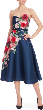 Badgley Mischka Collection Placed Floral Appliqué Strapless Cocktail Dress