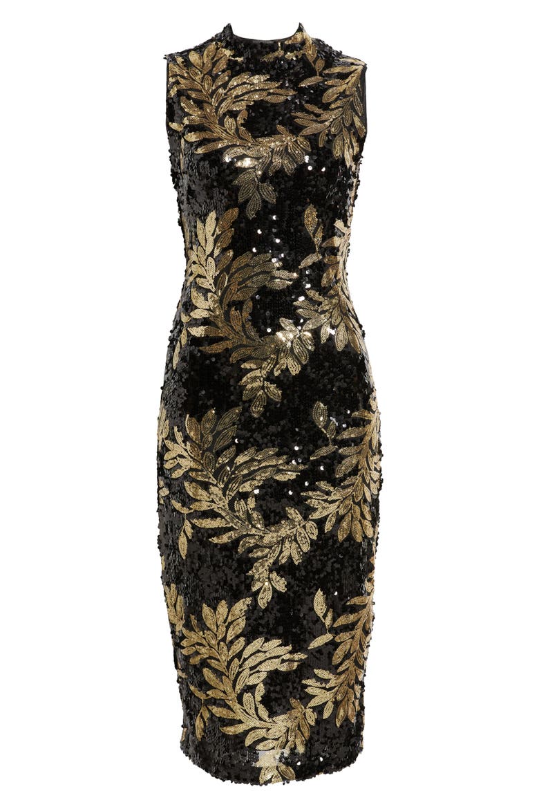Floral Sequin Mock Neck Midi Dress, Alternate, color, ANNE BLACK/ GOLD