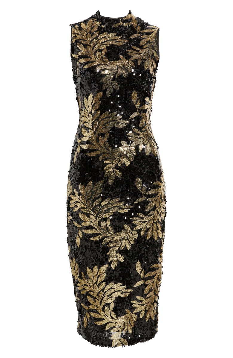 Anne Klein Floral Sequin Mock Neck Midi Dress, Alternate, color, Anne Black/ Gold