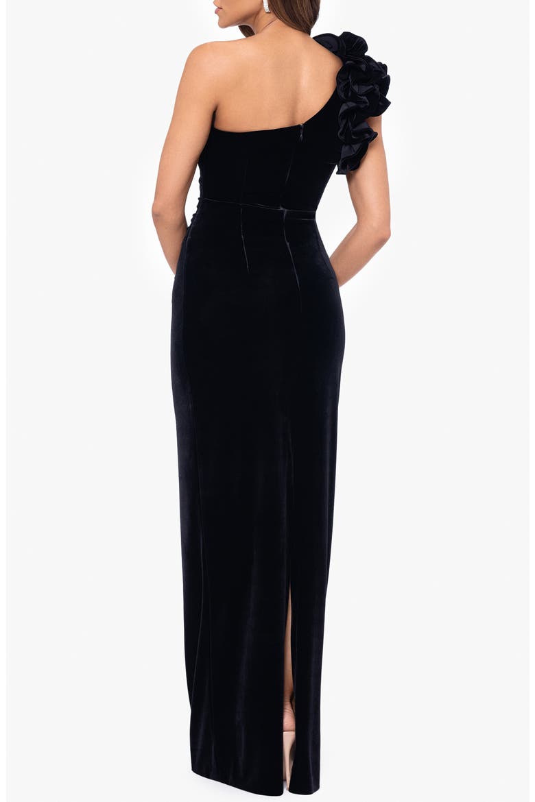 One-Shoulder Ruffle Stretch Velvet Gown, Alternate, color, BLACK