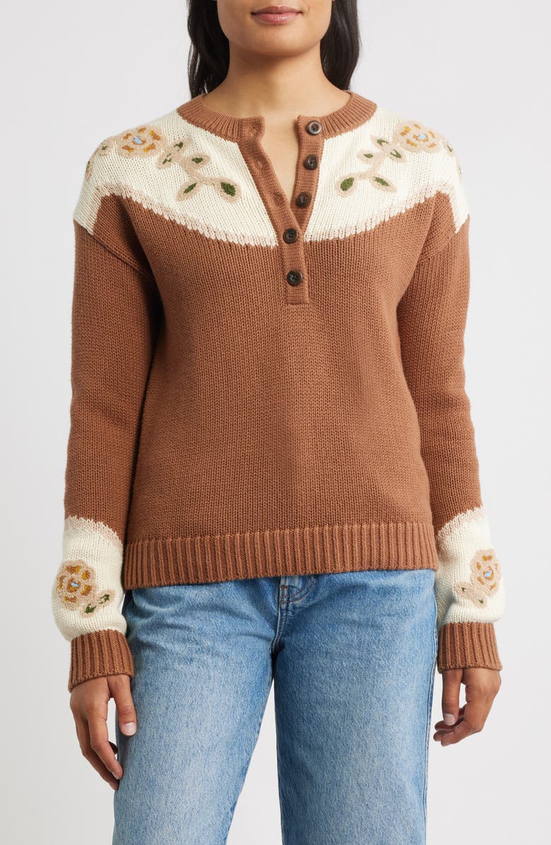 Pendleton Floral Accent Cotton & Merino Wool Henley Sweater, Main, color, Spice Brown