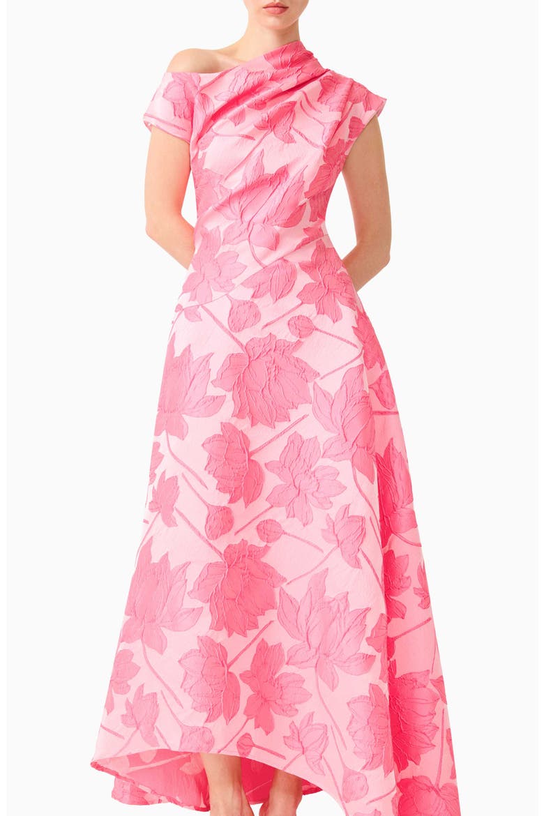 Dionne Floral Jacquard Asymmetric Gown, Main, color, PINK