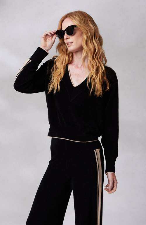 Shop Kashwere Apparel V Neck Track Sweater In Black/sand Stripe