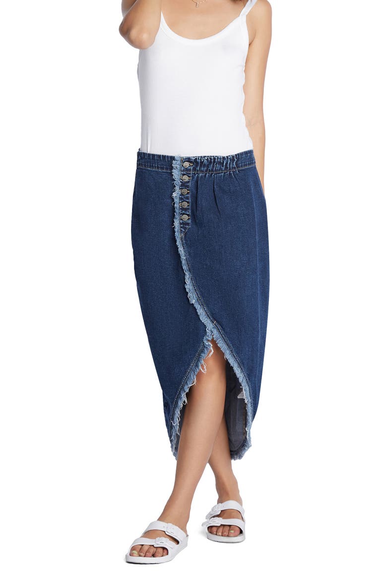 Button Front Denim Faux Wrap Skirt, Alternate, color, SHADY BLUE