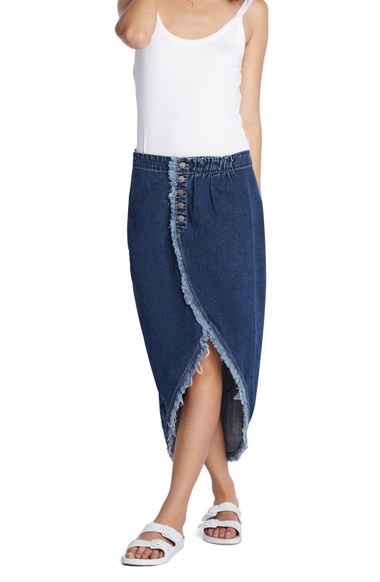 Wash Lab Denim Button Front Denim Faux Wrap Skirt, Alternate, color, Shady Blue