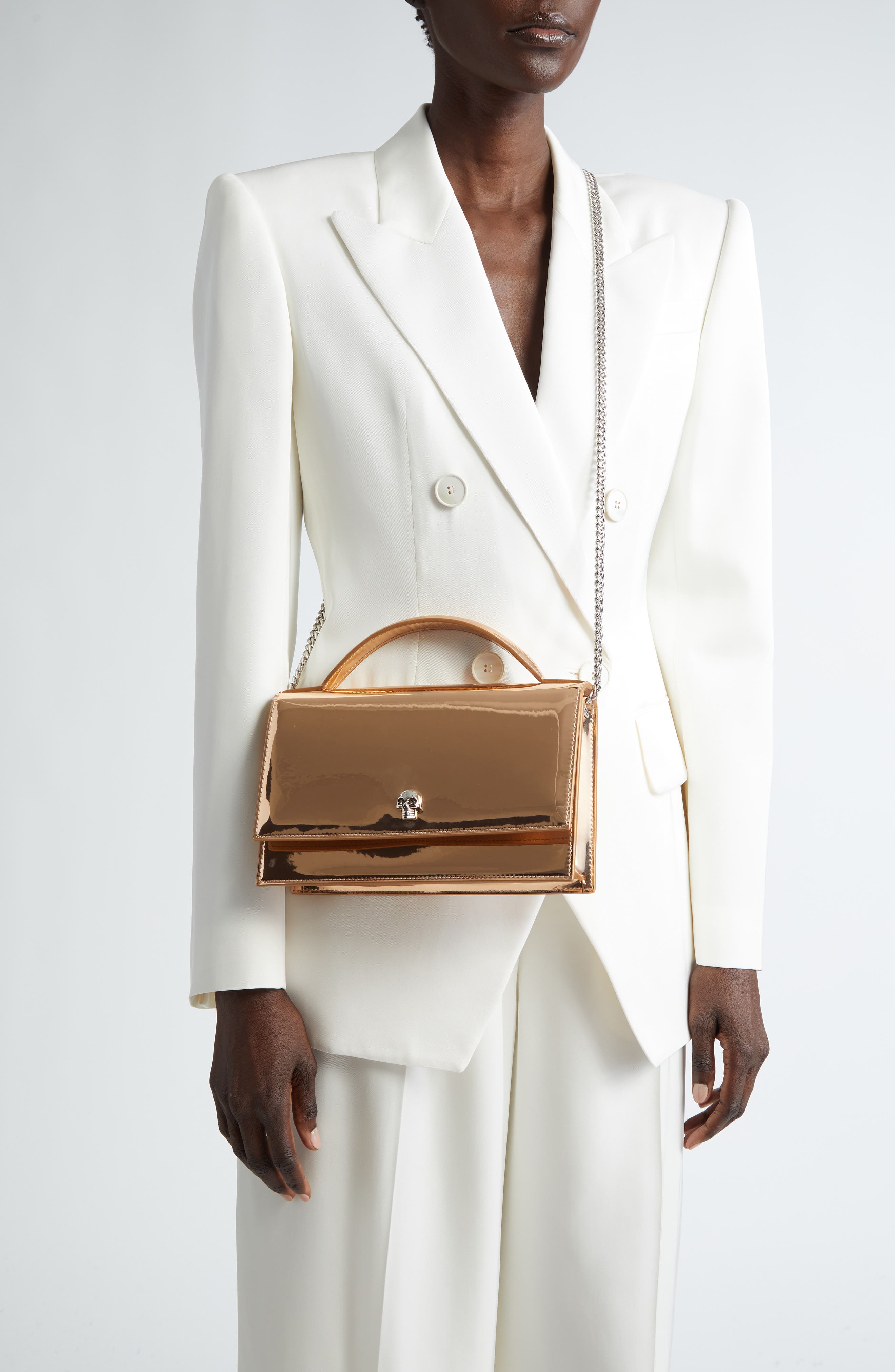 McQueen Medium Skull Metallic Faux Leather Handbag, Alternate, color, 