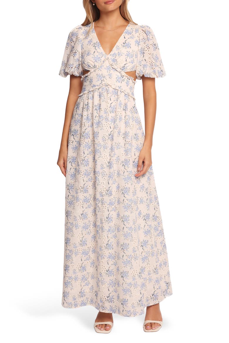 Jemima Floral Eyelet Cutout Maxi Dress, Main, color, BLUE FLORAL
