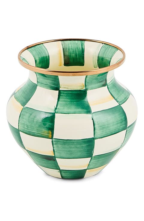 Emerald Check Enameled Steel Vase