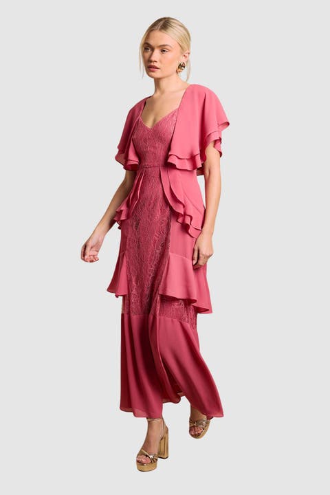 Lace Panel Ruffle Maxi Dress